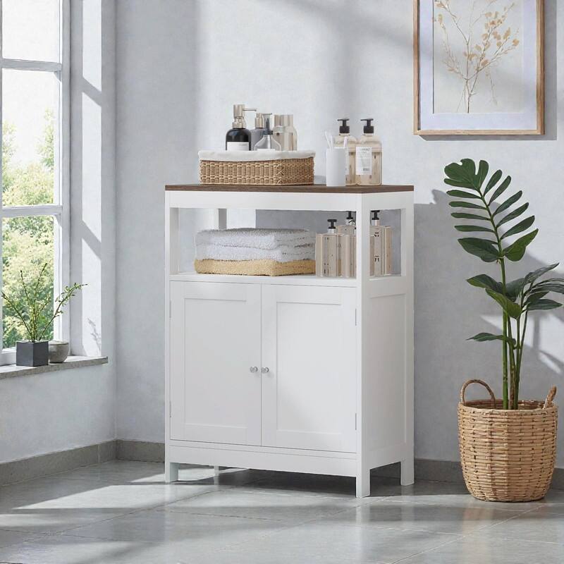 Modern Storage Cabinet with Double Doors, Freestanding Wood Organizer with Open Shelf and Natural Wood Top