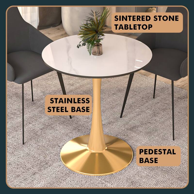 Bristol 27" Round Dining Table Sintered Stone Top & Gold Finish Stainless Steel Pedestal Base for Kitchen and Dining Room