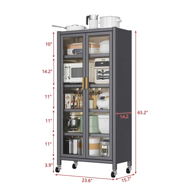 Floor-to-Ceiling Metal Kitchen Pantry Cabinet with Double Doors, Rolling Storage Shelf for Microwave and Bowls