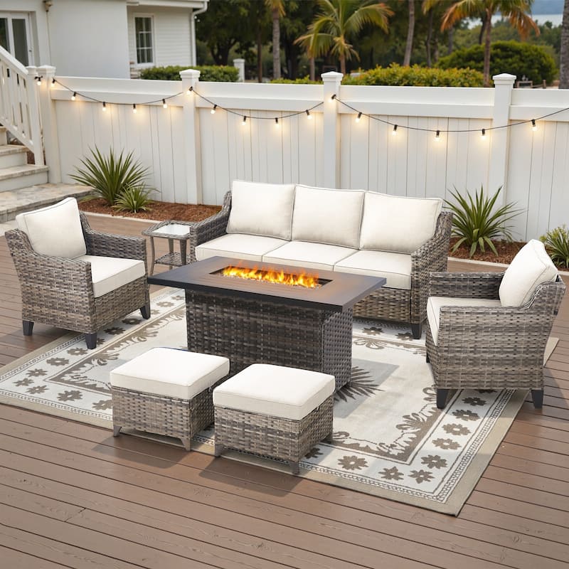 Glissia 7-Piece Gray Wicker Fire Pit Conversation Set with height-adjustable fire pit - Beige Cushions - Gray Wicker