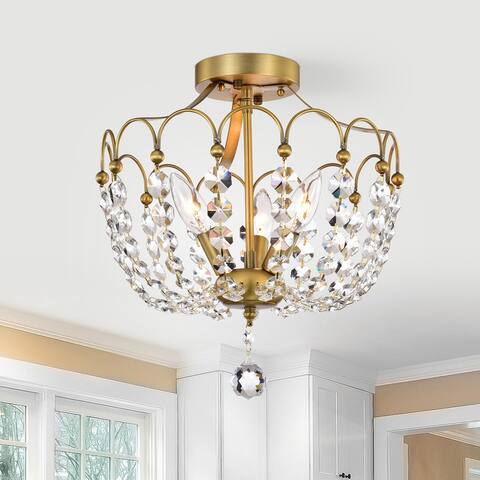 Vintage Brass 3-Light Glam Semi Flush Mount with Crystal - Vintage Brass