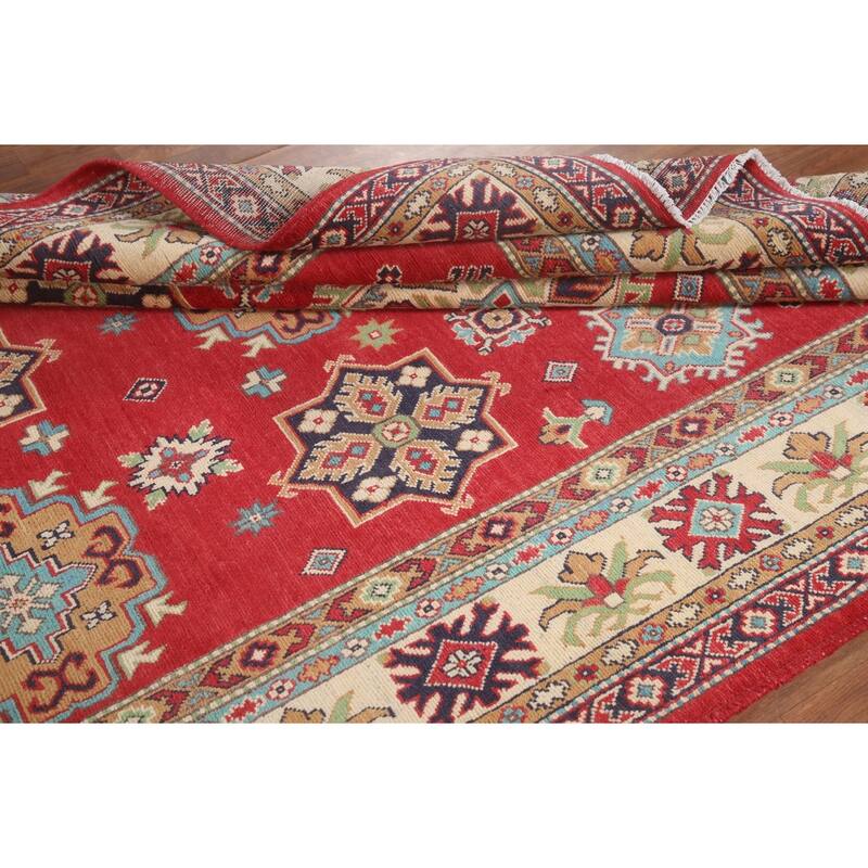 Hand Knotted Oriental 100% Wool Carpet Traditional Geometric Red Kazak Area Rug - 9' 11'' X 6' 6''