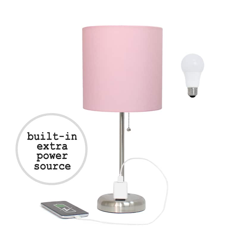 Simple Designs 9.5" Desk Lamp with Charging Outlet and LED Bulb Included - 19.50 - Brushed Steel/Light Pink Shade