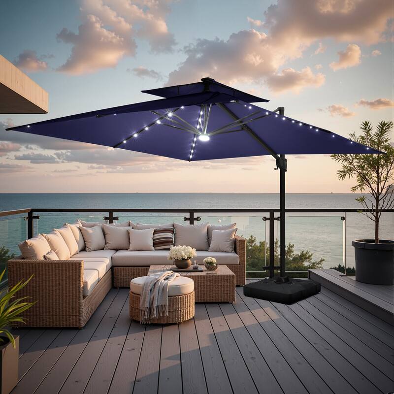 11FT Outdoor Patio Cantilever Umbrella with LED Lights Double Vented Umbrella with Base - Navy Blue