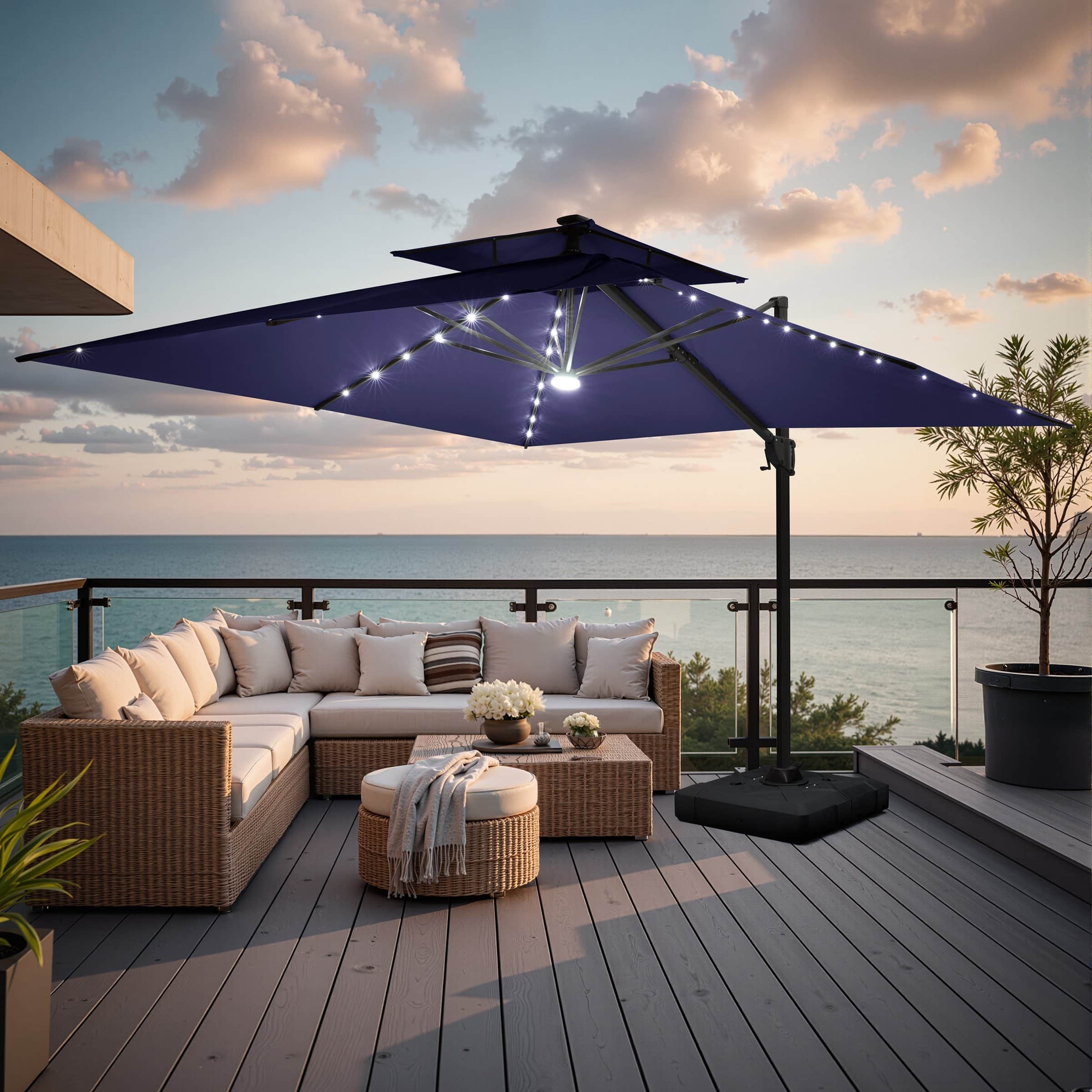 double vented patio umbrella solar lights OVIOS LED Available in versions with or without lights The 36 LED lights ensure ample lighting at night 11' x 11' Outdoor Patio