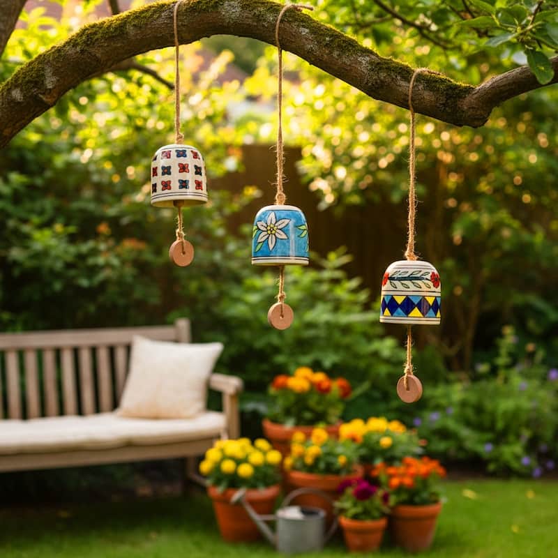 Decorative Handcrafted Ceramic Bells Windchimes - Garden Bell Art - 12.0" - Multi