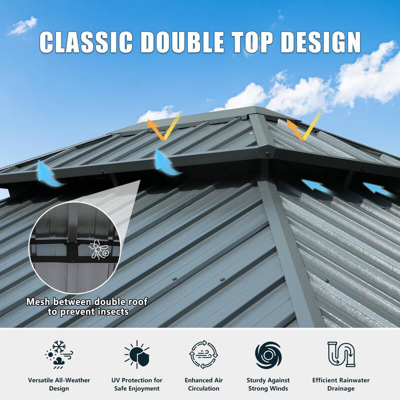 12' X 14' Permanent Aluminum Hardtop Gazebo with Galvanized Steel Roof, Drainage Gutters & Netting for Outdoor Events