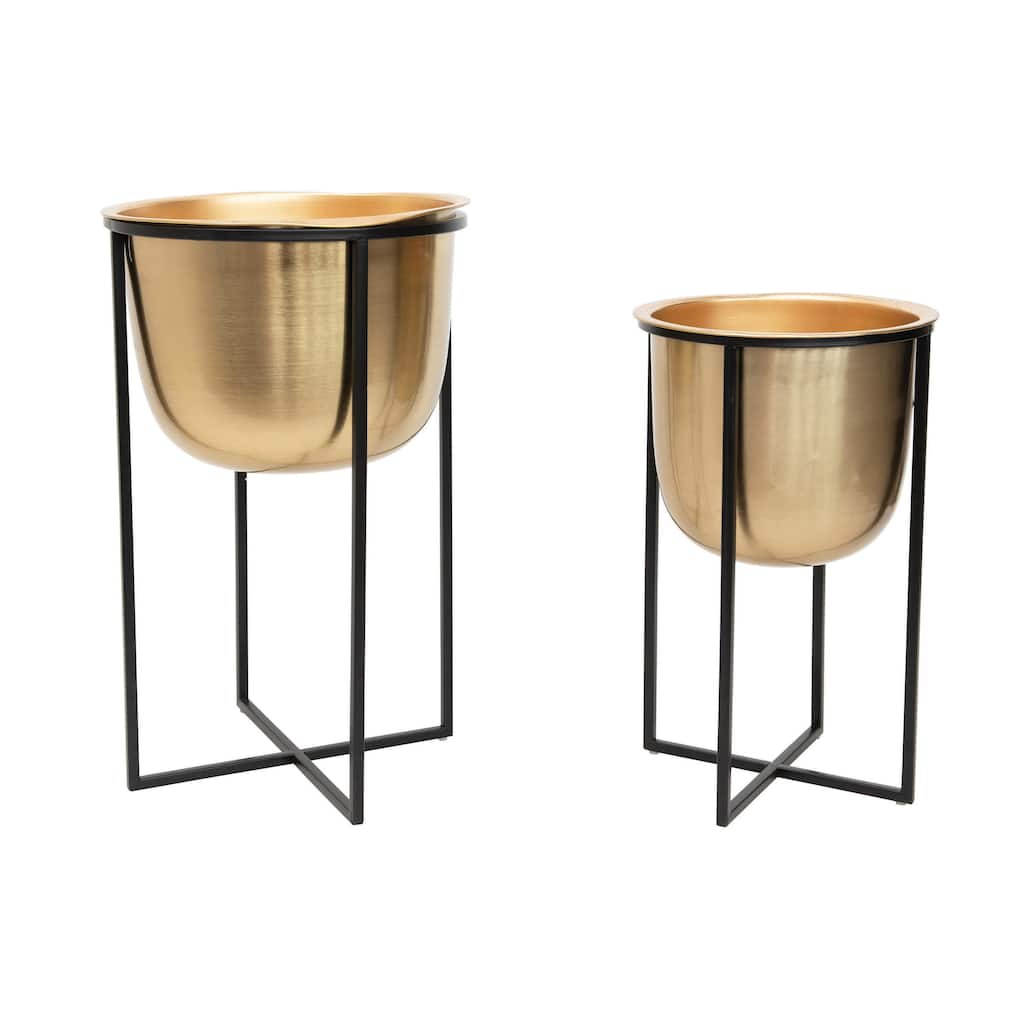 Metal Planters with Black Stands, Gold Finish, Set of 2