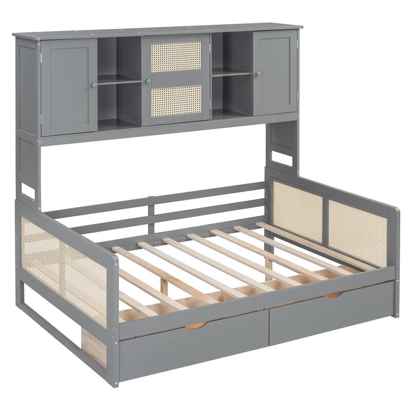 Roomfitters Wooden Daybed with Open Shelf, Side Cabinet and Hidden Storage Compartments