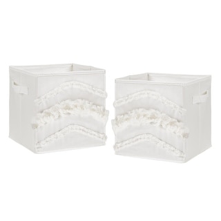 Ivory Boho Bohemian Collection Foldable Fabric Storage Bins - Gender Neutral Off White Farmhouse Chic Minimalist Fringe
