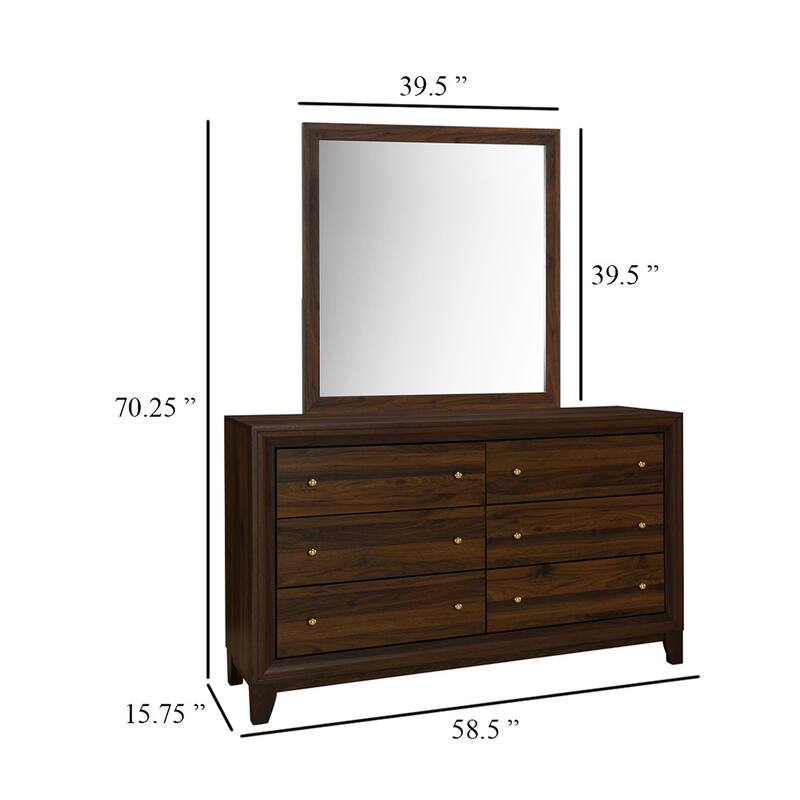 Yels Wide Dresser with Matching Mirror, 6 Drawers, Walnut Brown Wood