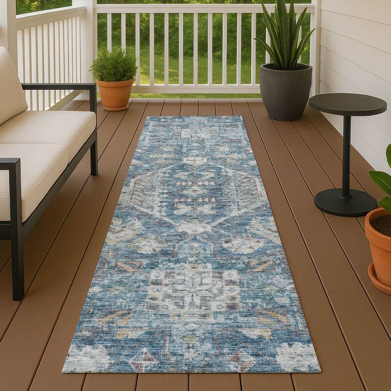 Machine Washable Indoor/ Outdoor Boho Traditional Chantille Rug - Denim - 2'3" x 7'6"