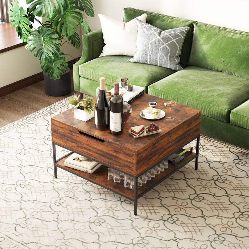 Farmhouse Flip Top Coffee Table with Storage - 31.5" Rustic Wood Grain Table, Hidden Storage Compartment for Living Room