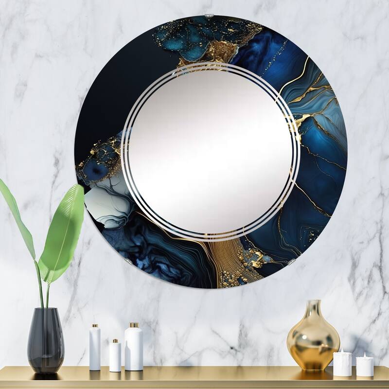 Designart 'Abstract Geode Gold And Blue Marble V' Printed Abstract Marble Wall Mirror - 32in.x32in.