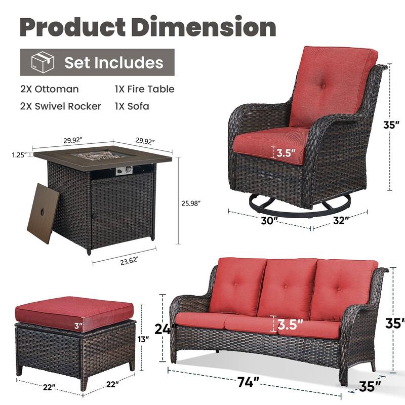 Gymojoy 6-Piece Outdoor Wicker Patio Furniture with Fire Pit Table, Rattan Coversation Set with Water Resistant Thick Cushions