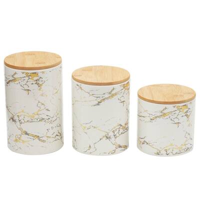 Marble Like 3 Piece Ceramic Canister Set with Bamboo Top, White