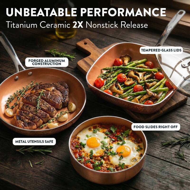 Gotham Steel Hammered Pots and Pans Copper 20 Piece Ceramic Nonstick Induction Cookware and Bakeware Set