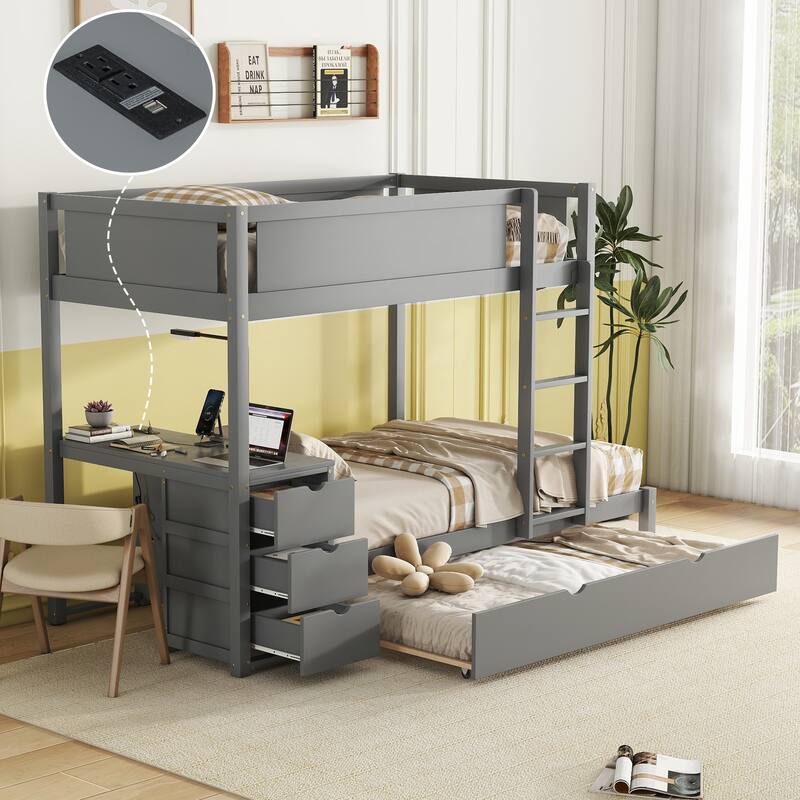 Twin-Over-Twin Bunk Bed with Trundle, Storage, and Desk in Gray
