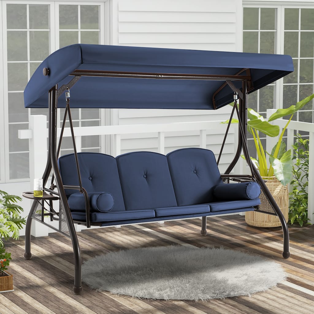 3-Seat Outdoor Porch Swing with Adjustable Canopy & Stand, Convertible Bed, All-Weather, Thickened Cushions & Cup Holders