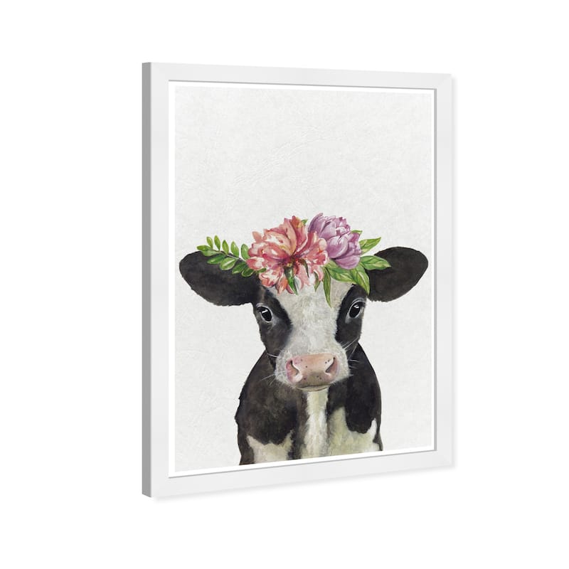 Olivia's Easel 'Floral Cow'Kids Wall Art Framed Print Farm White, Pink