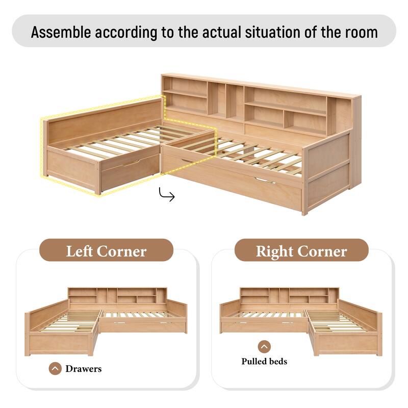 3-in-1 Bookcases Daybed L Shape Corner Sofa Bed Frame Wood Captains Bed with Underbed Trundle and Storage Drawer, Space-Saving