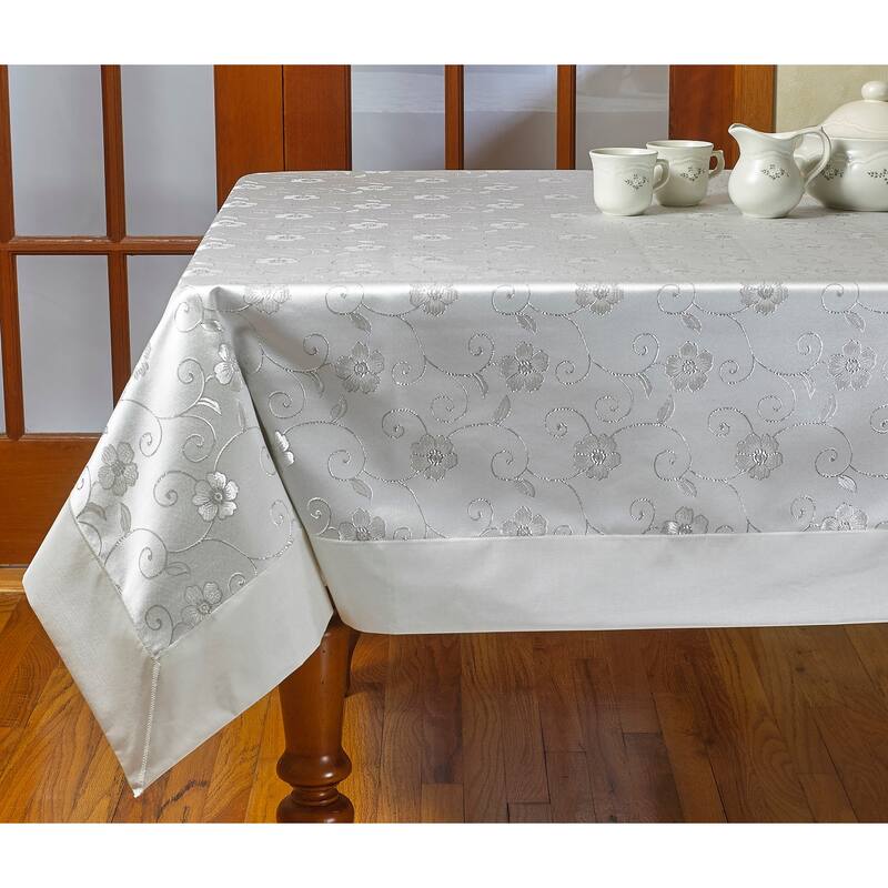 Violet Linen Sunflower Elegant Embroidered Flower Pattern Tablecloth - 54" X 72" - White