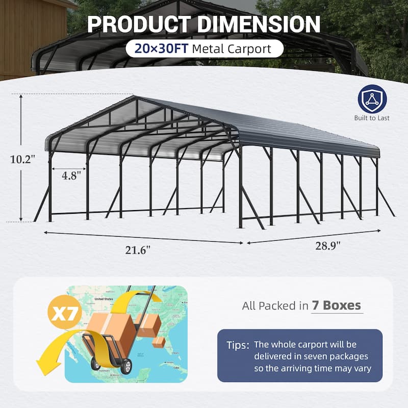 Erommy Outdoor Carport with Galvanized Steel Roof, Heavy-Duty All-Weather Shelter for Cars, Boats and Equipment