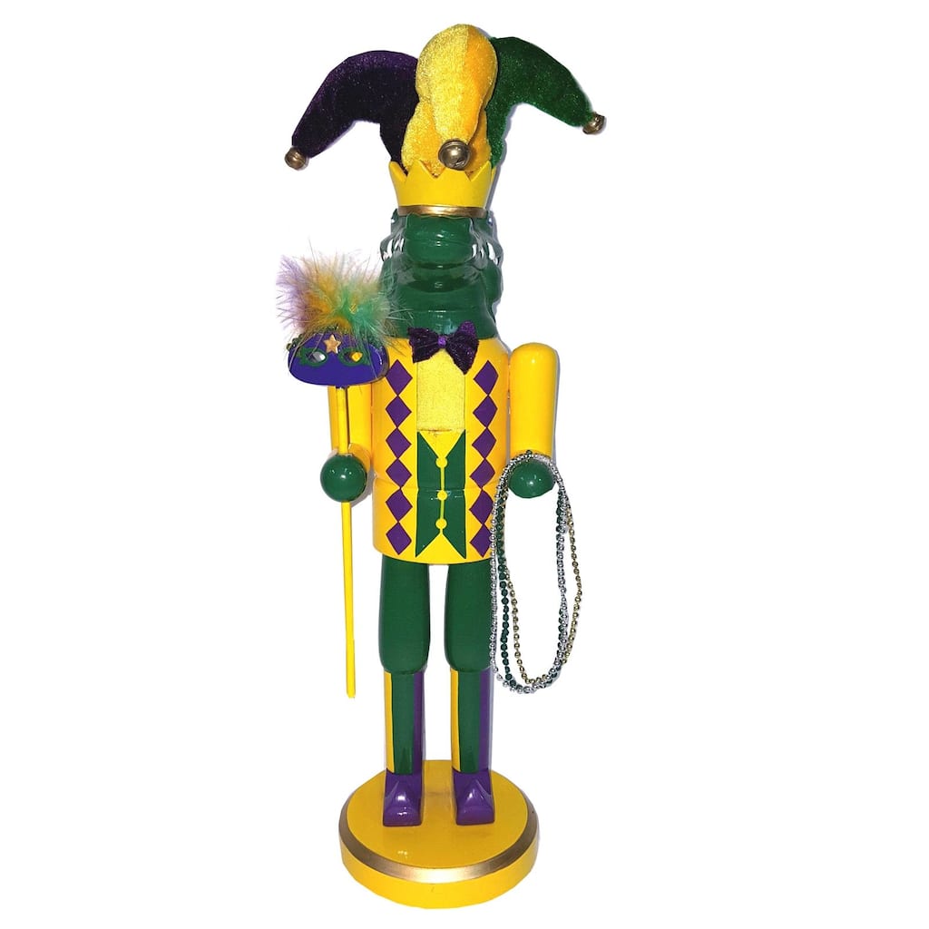 14" Green and Yellow Mardi Gras Gator Christmas Nutcracker Holds mask and beads
