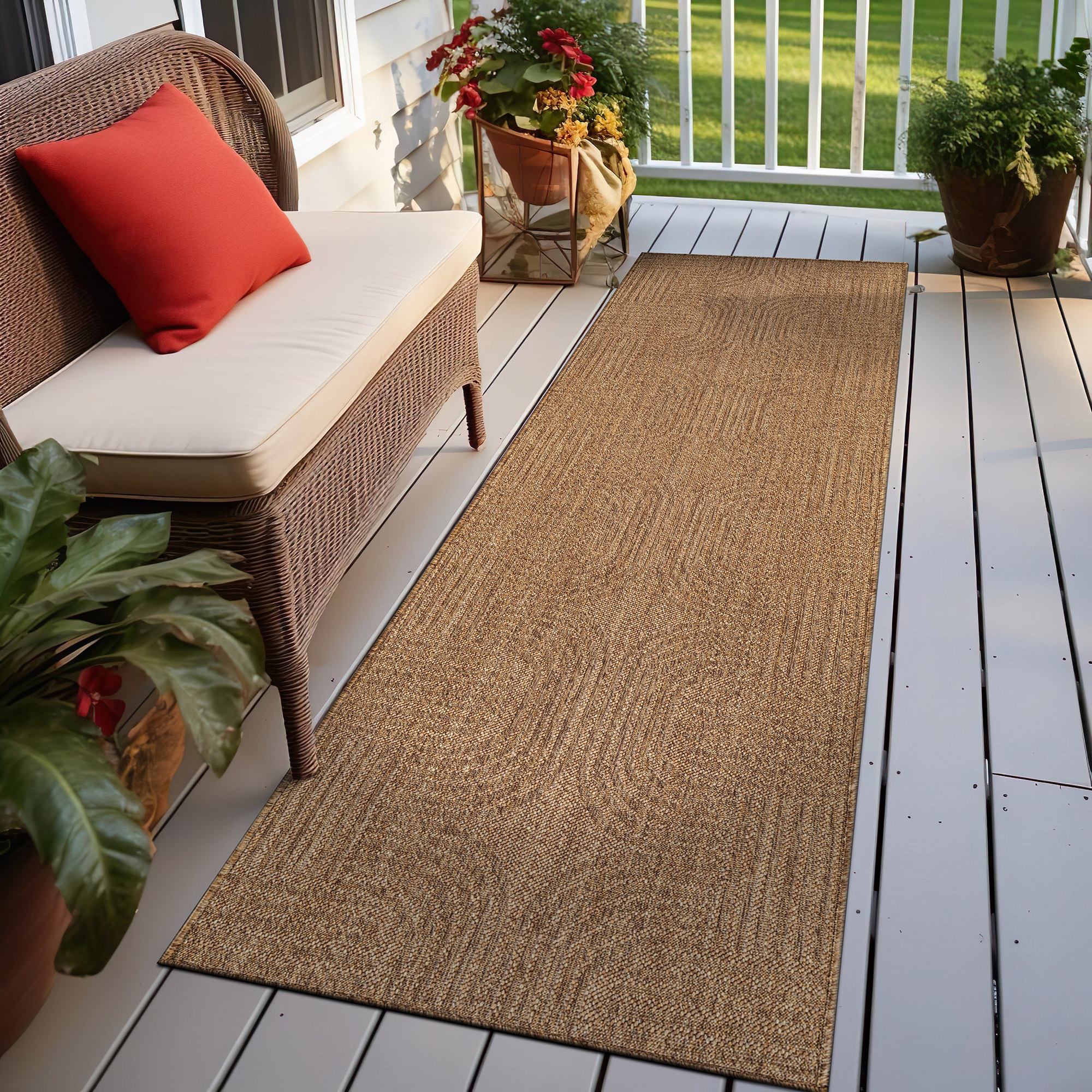 World Rug Gallery Geometric Indoor/Outdoor Flat Woven Area Rug - Natural Jute-Style, Easy-Care Patio Rug for Balcony Patio Deck - Natural - 2' 3" x 8'