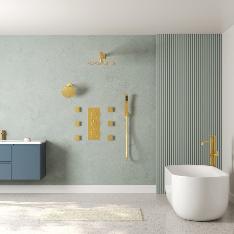 Thermostatic Dual Shower System 12" and 6" Rainfall Shower Head with 6 Body Jets & Handheld Shower