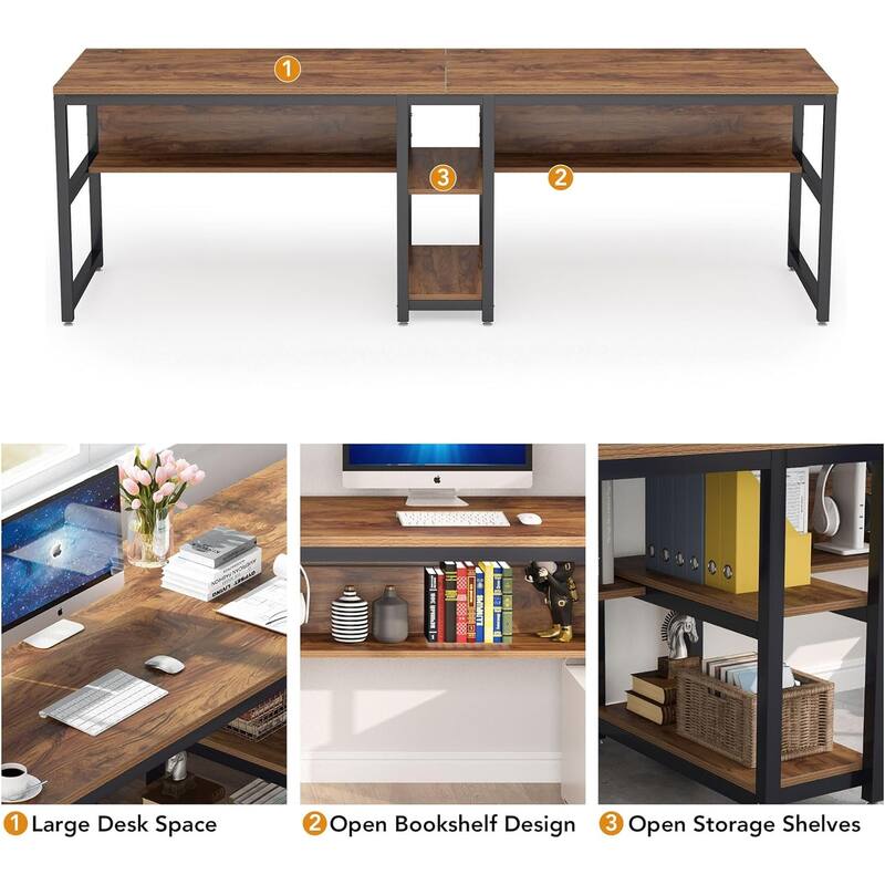 78.7" Double Desk for Two Person with Bookshelves with storage , Rustic Brown