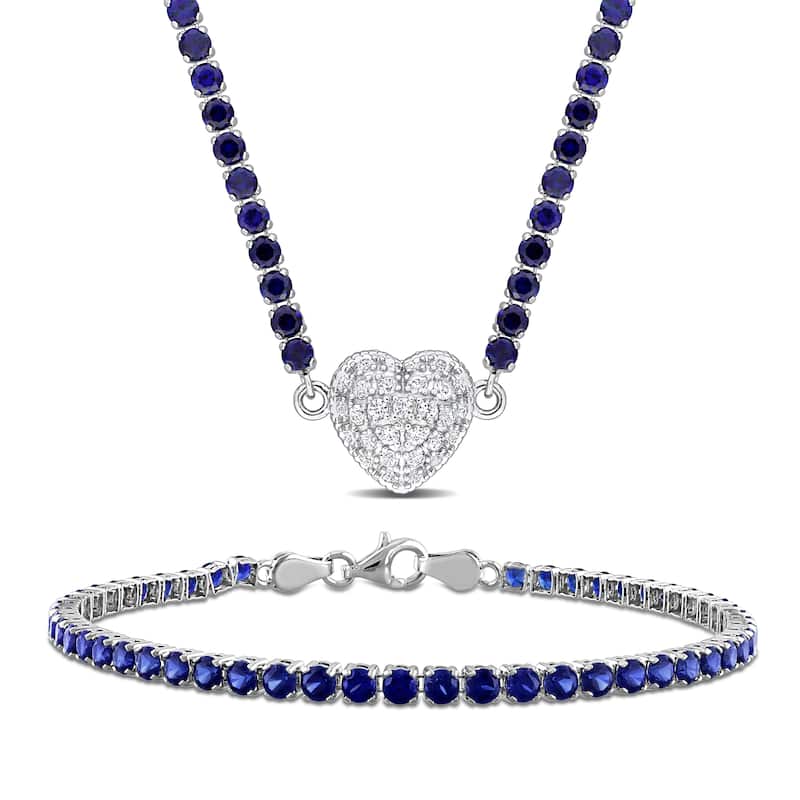 Miadora 23ct TGW Created Blue Sapphire Created White Sapphire Necklace Bracelet Set in Sterling Silver