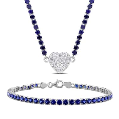 Miadora 23ct TGW Created Blue Sapphire Created White Sapphire Necklace Bracelet Set in Sterling Silver