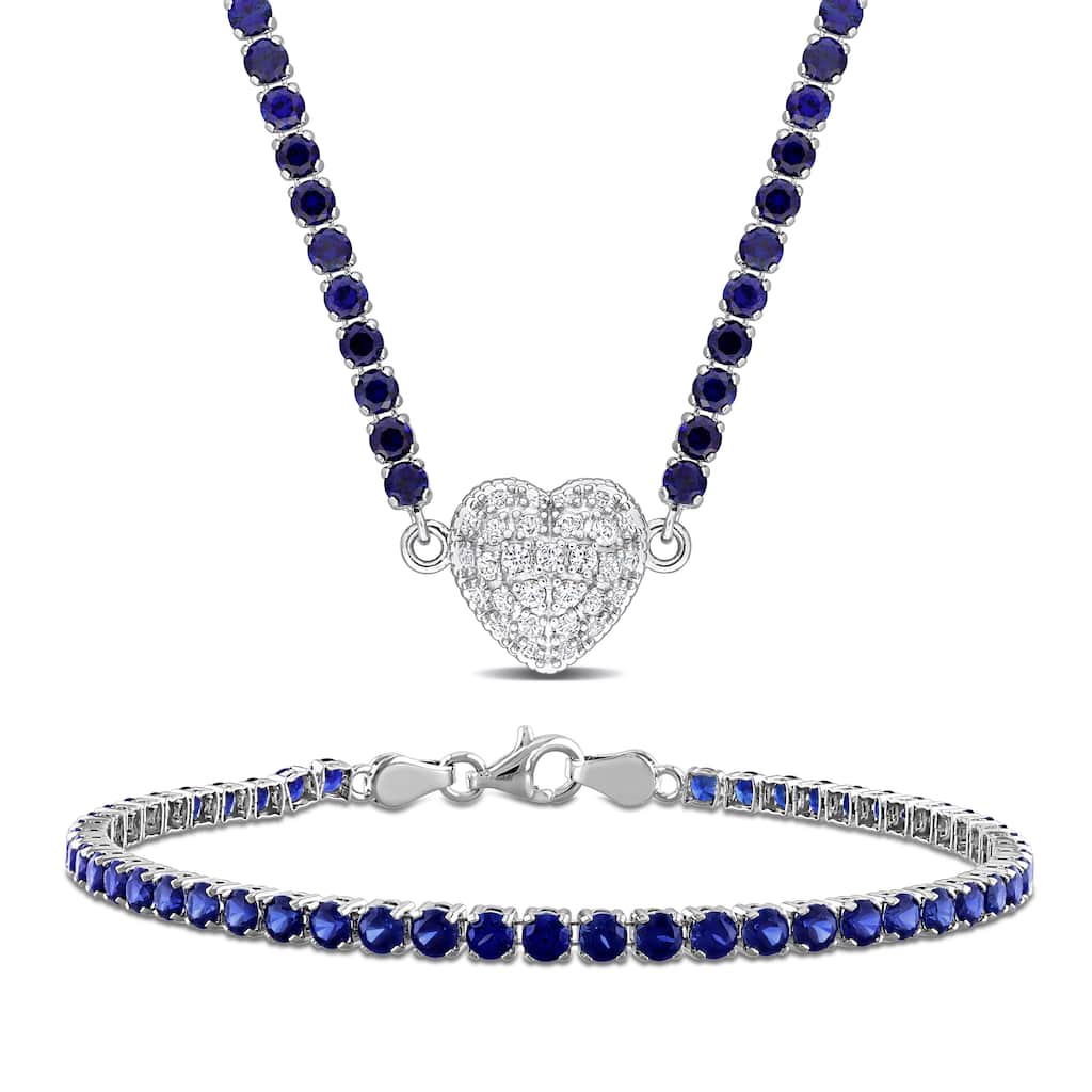 Miadora 23ct TGW Created Blue Sapphire Created White Sapphire Necklace Bracelet Set in Sterling Silver