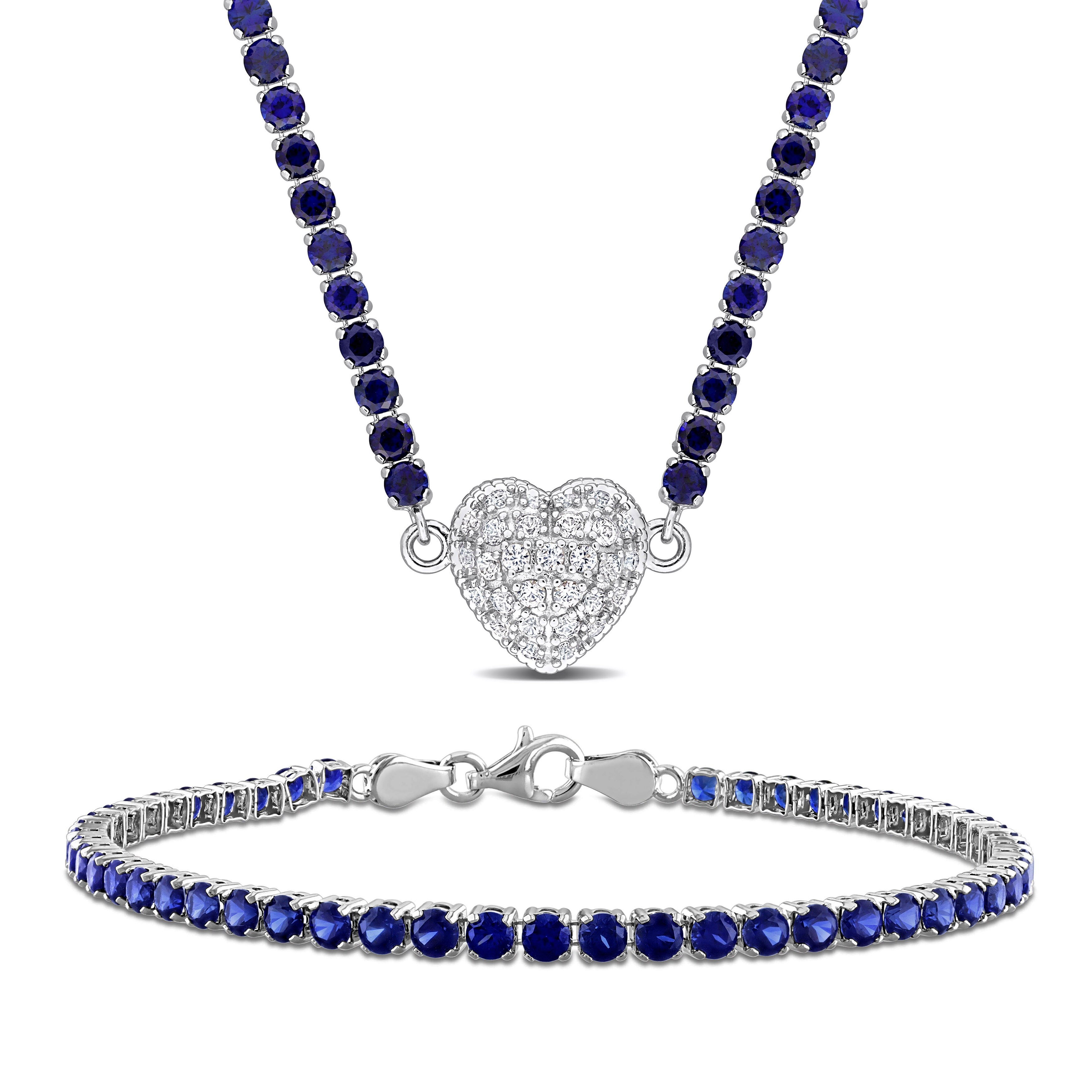 Miadora 23ct TGW Created Blue Sapphire Created White Sapphire Necklace Bracelet Set in Sterling Silver