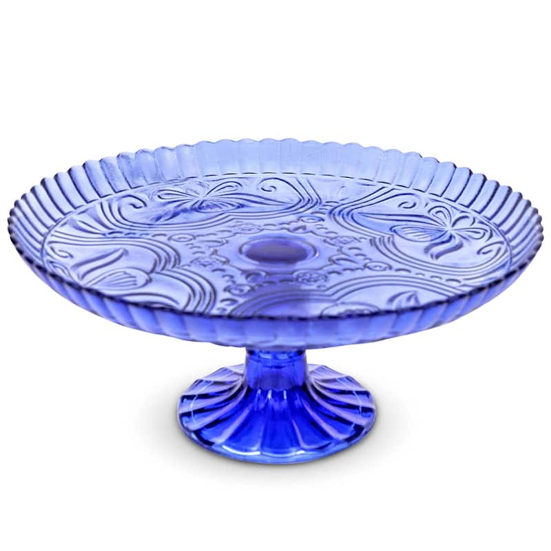 Amici Home Flower 10 In Footed Glass Cake Stand - 10” D x 4” H - Cobalt