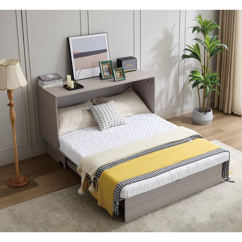 Queen Size Murphy Bed Cabinet with Storage Drawer, Folding Foam Mattress, USB & AC Charging Ports, and Smooth Glide Mechanism