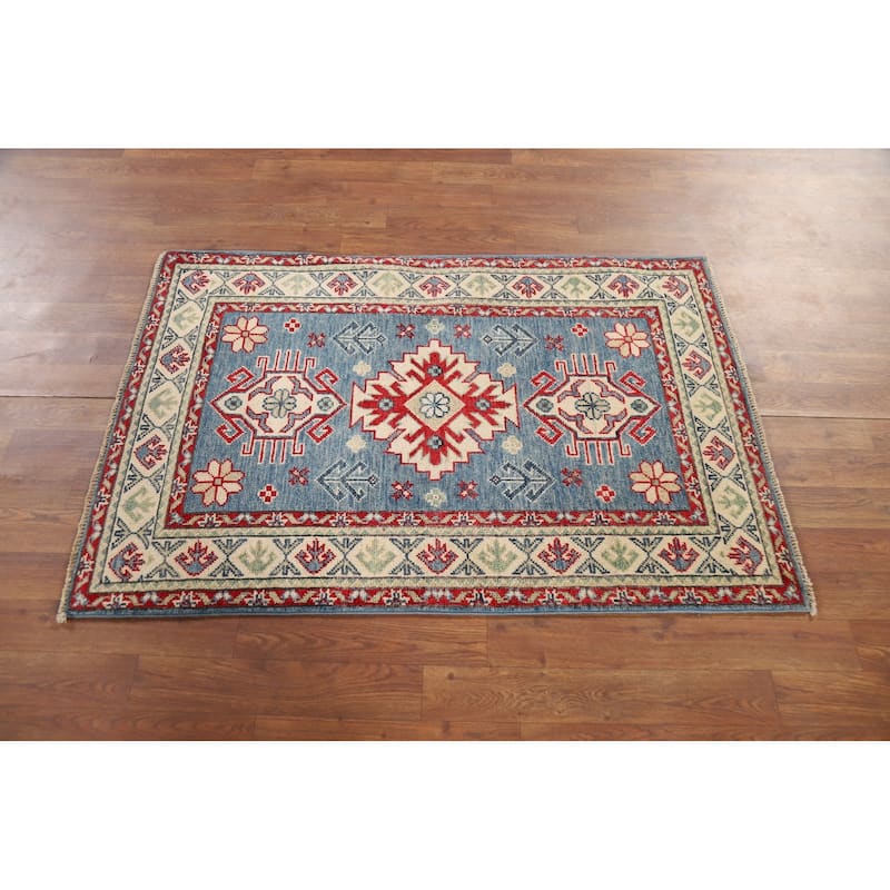 Light Blue Kazak Foyer Rug Hand-Knotted Geometric Wool Carpet - 2'9" x 4'1"