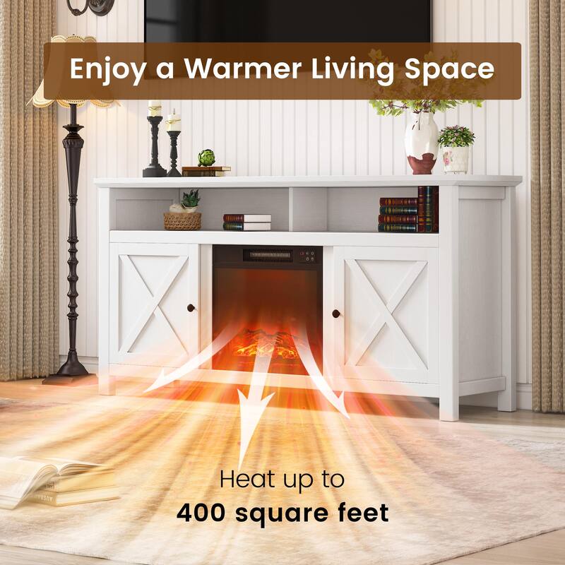 58 inch TV Stand with Fan-forced Flat Wall Electric Fireplace with Remote Control Included