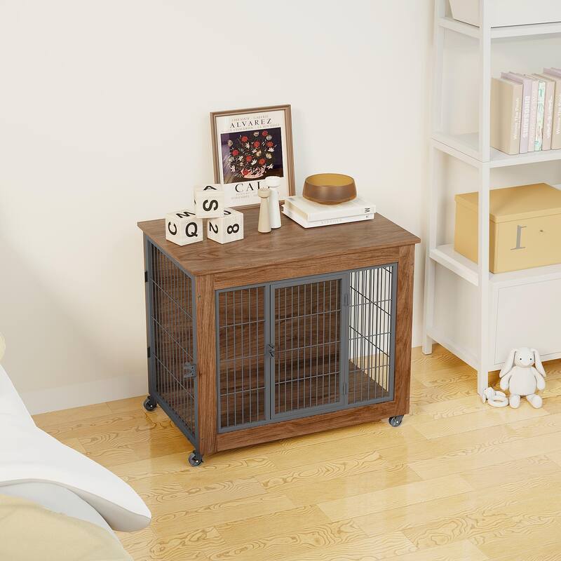 32.5" Dog Crate Furniture with Wheels for Small Dogs, Heavy Duty Dog Kennel Indoor with 2 Doors, Dog Cage for Anxiety Dog