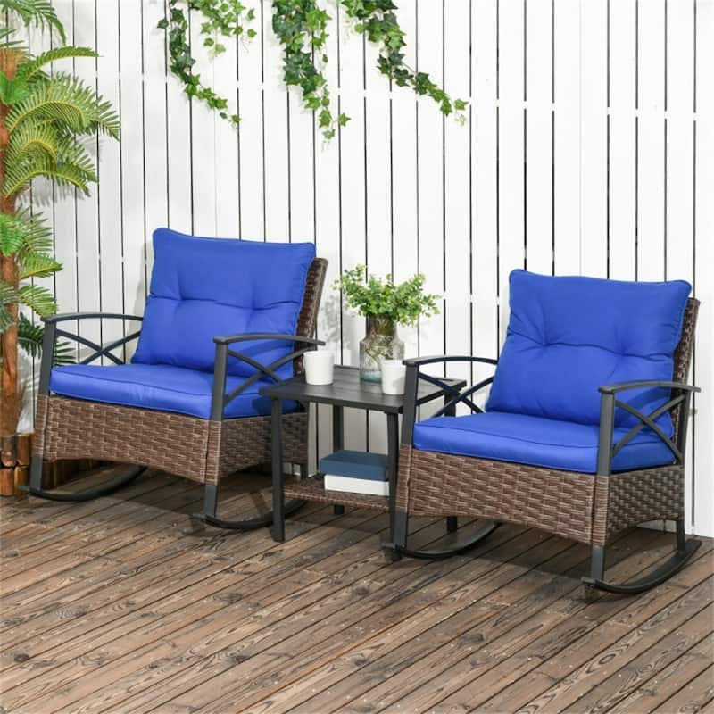 PE Rattan Rocking Chair Set with Cushions and Coffee Table - 25.5" W x 34.75" D x 31" H