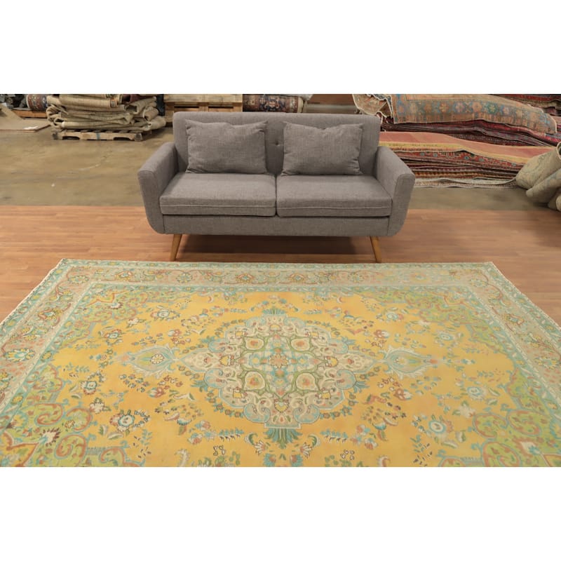 Hand Knotted Oriental 100% Wool Carpet Traditional Floral Yellow & Gold Tabriz Area Rug - 9' 6'' X 6' 7''