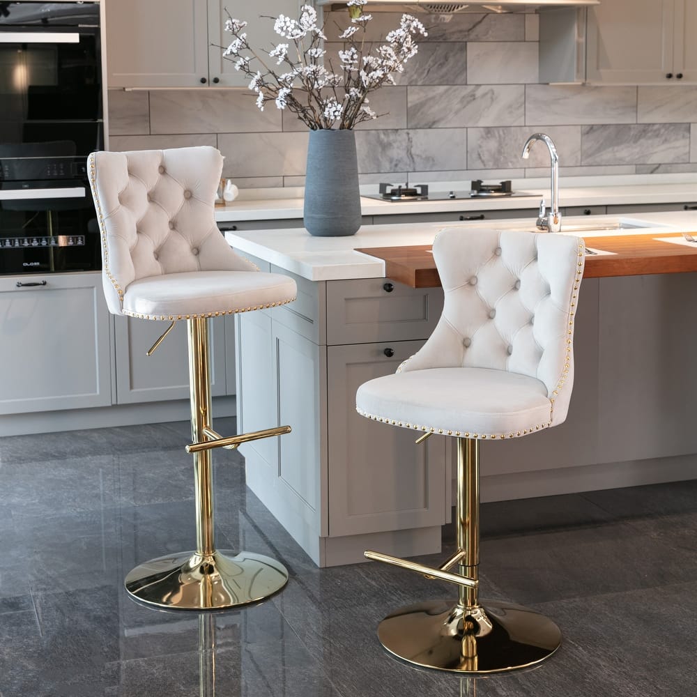 Adjustable Barstools Set of 2 Swivel Velvet Upholstered Accent Chairs with Tufted and Footrest for Home Pub and Kitchen Island