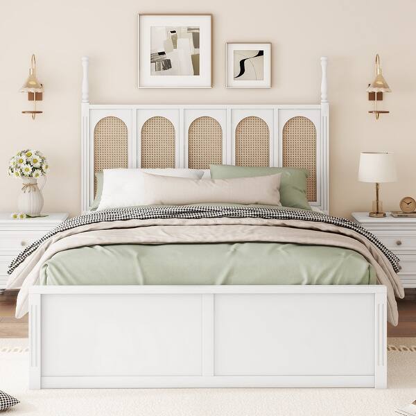 slide 2 of 8, Queen Size Rattan Platform Bed with 2 Drawers, Wooden Bed with Twin Trundle, Space-saving Bed with Rattan Headboard, White White
