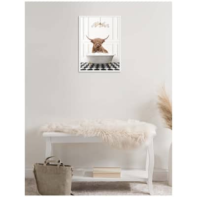 Kate and Laurel Sylvie Highland Cow in Gray Bathtub Checker Floor Framed Canvas by Amy Peterson