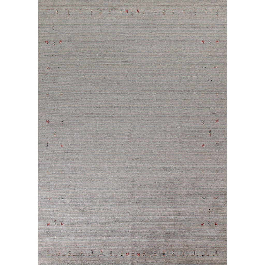 Striped Beige Gabbeh Oriental Area Rug Hand-Knotted Wool Carpet - 9'0"x 11'9"