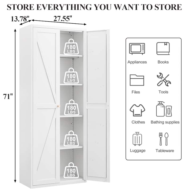 2 Doors Metal Storage Cabinet Kitchen Pantry Cabinet With Adjustable Shelves Tall Steel Cabinet Locker