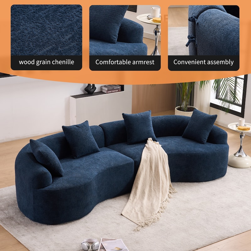 Full Compression Sponge Chenille Curved Sleeper Sofa Couch with 4 Pillows