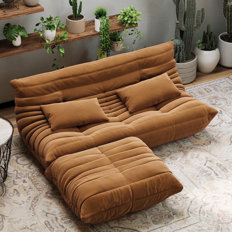 69 Inch Teddy Velvet Bean Bag Loveseat Sofa, Deep Seat Floor Couch - Brown