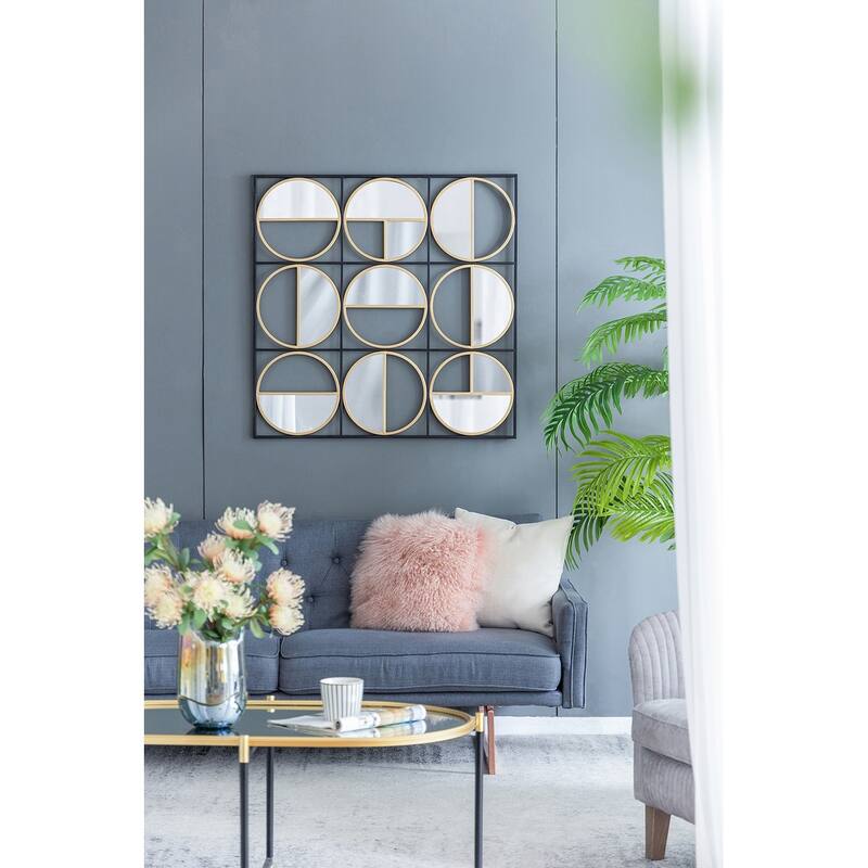 Eclectic Styling Metal Beaded Wall Mirror with Contemporary Design - Gold + Black